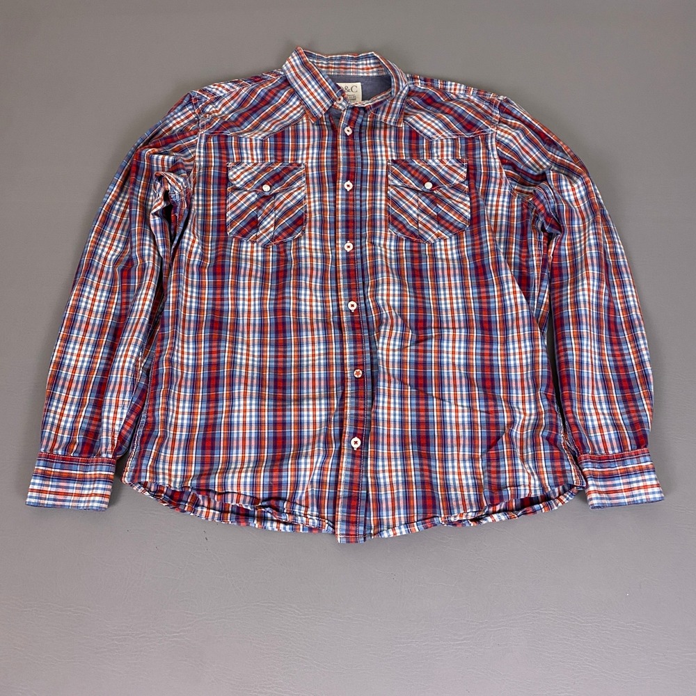 PD&C Western Button Up Shirt Men's Size Large Plaid Red Blue 100% Cotton